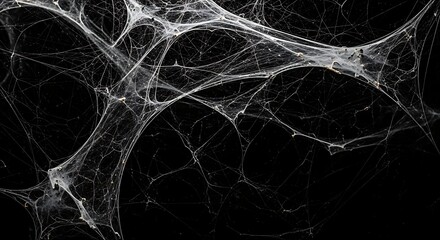 Intricate, dense cobweb structure with fine silk threads against a stark black background, showcasing natural complexity and texture