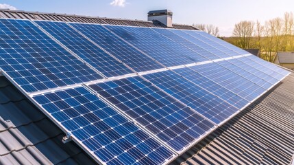 A solar panel array on a rooftop harnessing sunlight, showcasing modern renewable energy technology against a clear sky and natural surroundings.