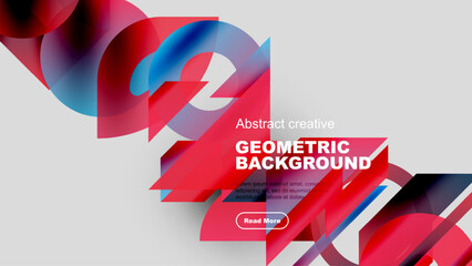 Wall Mural - Abstract geometric design features vibrant red, blue, pink shapes over gray backdrop. Text promotes creative background options.