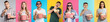 © New Africa - Visiting cinema. Different people with buckets of popcorn on colorful backgrounds, collage of portraits