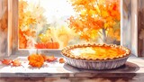 Pumpkin pie cooling on a windowsill Thanksgiving morning warm sunlight watercolor style. Fresh baked dessert autumn holiday scene bright morning glow artistic image.