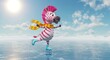 © twilight mist - Cheerful, animated character ice skating gracefully across a frozen lake with a bright sun and blue sky backdrop, enjoying winter sports and wearing a vibrant scarf and ice skates.