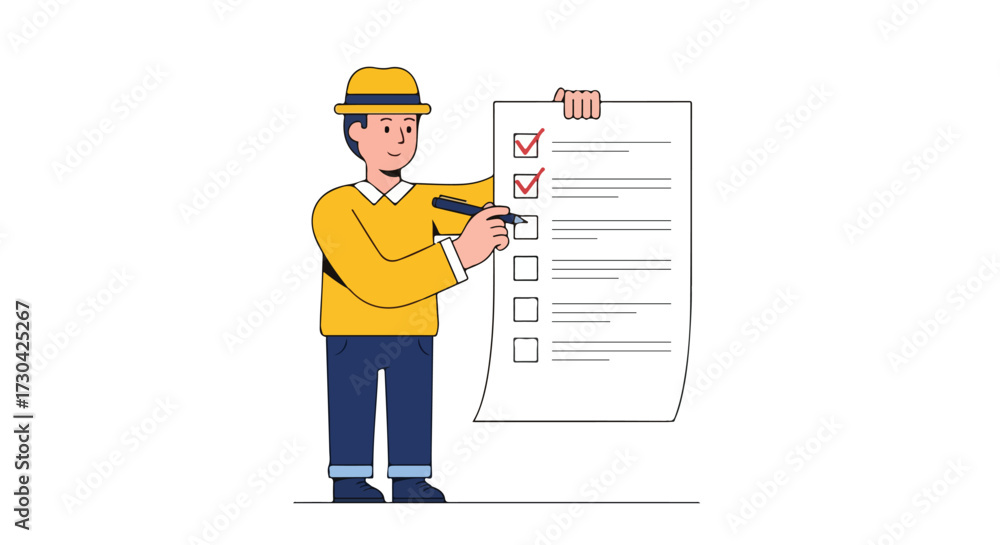 Task. Check Cartoon Cartoon man with hat filling out a long checklist ensuring all tasks ...