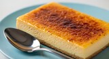 Delicious creme brulee cheesecake bar with spoon on blue plate