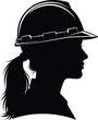 © Miss Begum - Female construction worker silhouette with hard hat, ponytail profile, safety gear vector, gender diversity in labor, black and white illustration