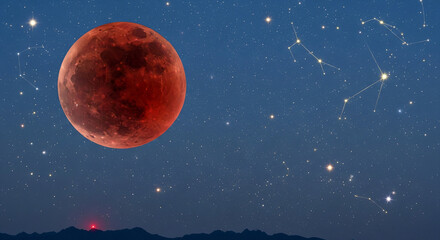 Wall Mural - Total Lunar Eclipse: The Bright Blood Moon Rises with Constellations
A striking and vivid photograph of a total lunar eclipse, often called a Blood Moon, dominating the dark blue sky