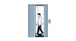 © Awan - Illustration of a man stepping out from a stylized elevator with opened doors minimal graphic and limited color palette on a white background