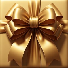 Wall Mural - Elegant golden ribbon bow festive gift wrapping decoration close-up isolated on white background