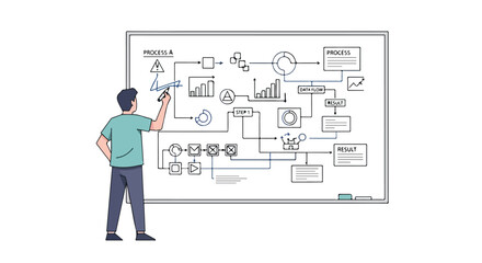 Conceptual representation of business process optimization illustrated on a whiteboard using flowchart diagrams for effective problem-solving