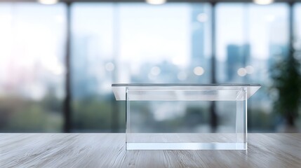 Wall Mural - A transparent acrylic podium rests on a wooden table in a bright modern office with a blurred cityscape background