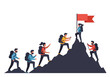 © Satya - People hike mountain to a flag symbolizing achievement and teamwork