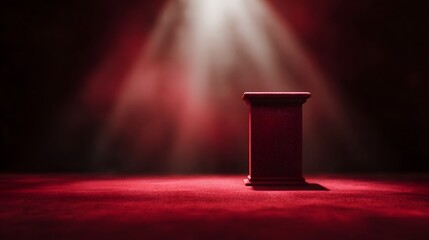 Wall Mural - An empty podium on a red carpet stage with dramatic spotlight and atmospheric effects ready for an event