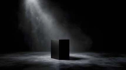 Wall Mural - A minimalist black cubic podium is centrally placed in a dark atmospheric studio dramatically illuminated by a sharp spotlight beam against a smoky