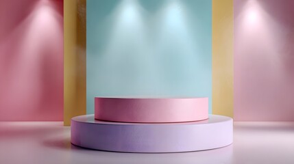Wall Mural - A minimalist geometric podium featuring pastel colors illuminated by soft spotlights in a clean studio setting