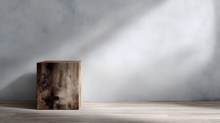 Wall Mural - A simple wooden block podium sits on a light wooden floor against a textured concrete wall with soft natural light and shadows