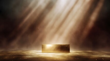 Wall Mural - A polished golden podium stands dramatically illuminated by warm shafts of light and subtle smoke