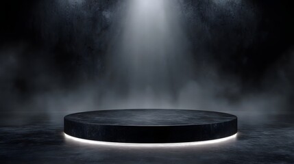 Wall Mural - A dark circular podium illuminated by a spotlight in a smoky atmospheric setting