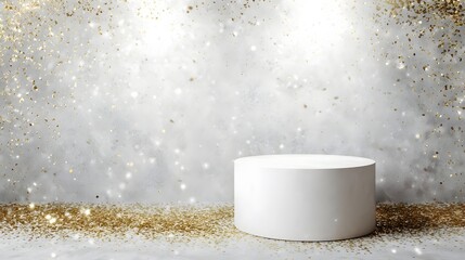 Wall Mural - A white cylindrical podium stands on a surface covered in gold glitter and confetti set against a bright sparkling abstract background