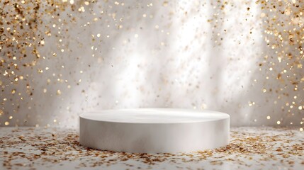 Wall Mural - An elegant white podium adorned with scattered gold confetti bathed in bright light perfect for festive event displays