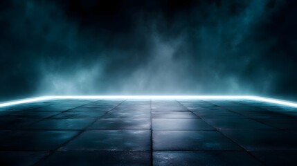 Wall Mural - A futuristic podium with a bright glowing tiled floor set against atmospheric blue smoke and darkness