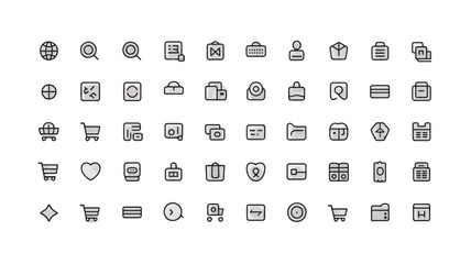 Collection of minimalist line art icons for web and mobile interface design isolated on white background