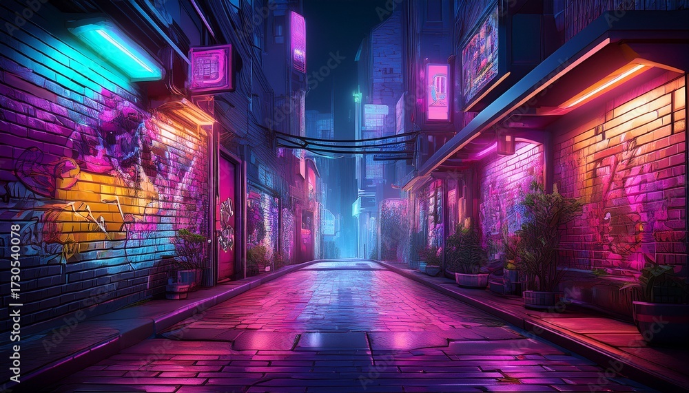 neon lit alleyway graffiti wall night city urban backdrop game ...