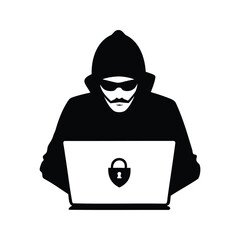 Silhouette of a Hacker with Laptop and Padlock Symbolizing Cybercrime, hacker breaking password silhouette vector illustration