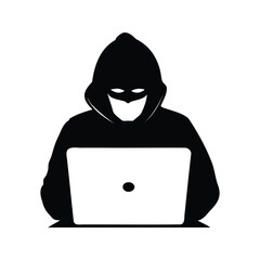 Anonymous hacker silhouette wearing a hood and using a laptop computer, hacker typing on laptop silhouette vector illustration