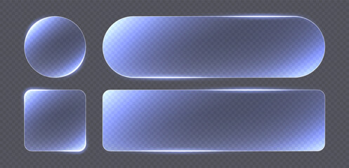 Transparent glass buttons, blue clear banners. Glowing futuristic interface templates for web design. Vector illustration.