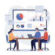 © Hafid - A diverse business team actively collaborates around a conference table in a vibrant 2D flat vector illustration, reviewing a laptop and large digital dashboard showing positive growth metrics.
