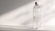 © MACHATOMI - A single transparent plastic water bottle standing upright on a clean white surface with soft shadows and minimal reflections, isolated for product mockup