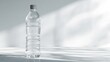 © MACHATOMI - A single transparent plastic water bottle standing upright on a clean white surface with soft shadows and minimal reflections, isolated for product mockup
