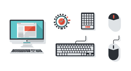 Flat Design Computer Set - Monitor, Keyboard, Mouse, and Other Icons.
