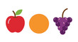 © Masand - Vibrant flat design red apple, round orange, and purple grape bunch illustration.