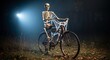© Konate - Skeleton on a bike covered in webs illuminated by a streetlight against a dark house backdrop