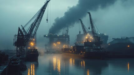  Industrial port cranes at foggy river dock