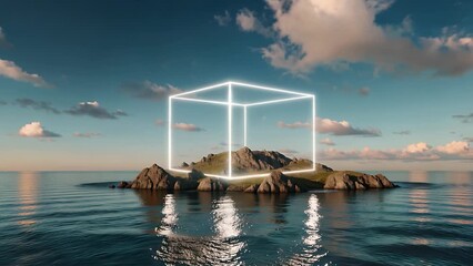 imaginative scenery depicting radiant cubic structure situated on stone outcrop island, visible on the skyline above body of water, intended as desktop background created through three-dimensional co
