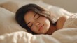 © 69 - Peaceful Young Woman Sleeping Comfortably in Cozy Bed Surrounded by Soft Bedding, Serenity and Calmness in Natural Light, Sense of Tranquility and Relaxation