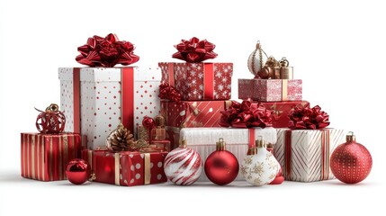 Wall Mural - festive christmas scene with gifts and decorations isolated on white background