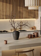© Мар'яна Борщун - Minimalist kitchen interior with wooden details and decor vase. Contemporary design in beige tones with clean lines and cozy atmosphere.