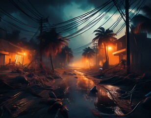 Wall Mural - the aftermath of a tropical storm electrical system collapse and widespread blackout power lines down streets dark and a city plunged into darkness