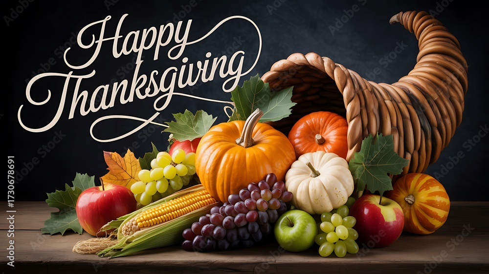 Happy Thanksgiving Cornucopia with Autumn Harvest horn of plenty Stock ...