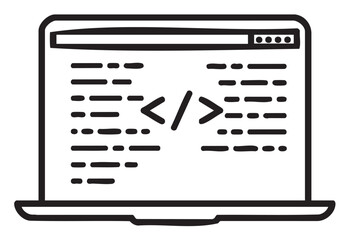 Laptop displaying html code outline for web development - stock vector