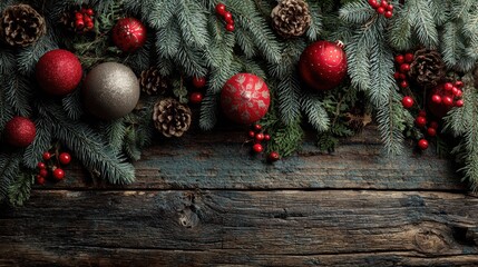 Wall Mural - festive backdrop featuring pine branches and red ornaments on a snowy surface