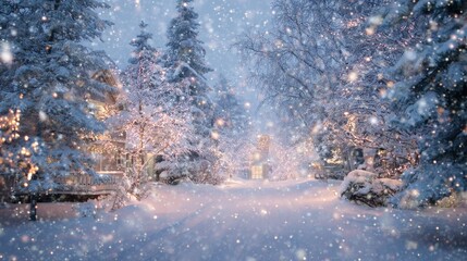Wall Mural - enchanting winter holiday greeting card with serene snow landscape and festive atmosphere