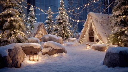Wall Mural - winter decorations with snow and lights create a festive vibe
