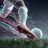 Close-up digital illustration of a soccer player's foot striking a ball, with glowing lines representing movement and energy