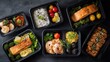 © Johannes - office food delivery takeout lunch boxes containers delivered in office on black table workplace ready take away snack daily healthy meal dinner at work desk flat lay desktop top view copy space no l