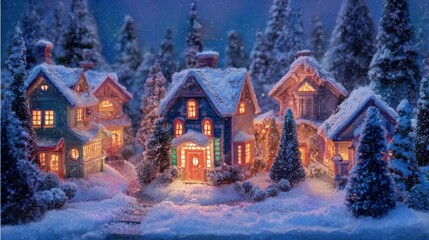 Wall Mural - charming christmas village scene with glowing house and snowcovered trees festive holiday decor