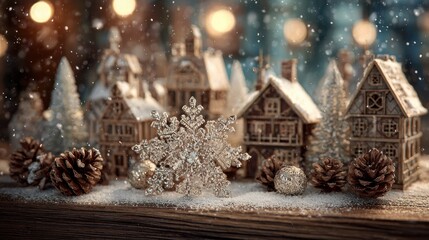 Wall Mural - sparkling snowflakes on a wooden base with ornaments and pinecones snowy village rustic charm